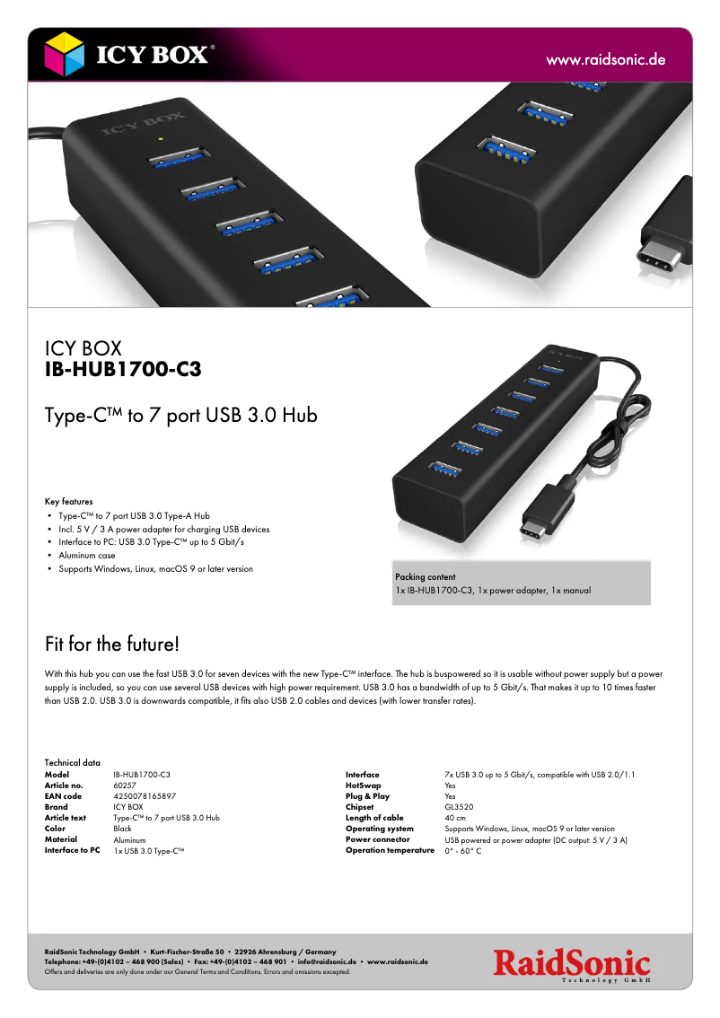 Página 1 del manual Ficha técnica Icy Box IB-HUB1700-C3