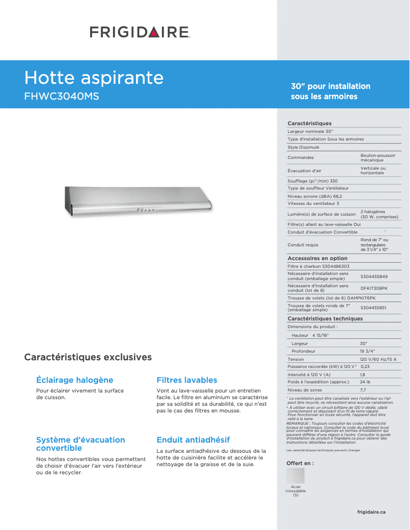 Page n°1 - Fiche technique Frigidaire FHWC3040MS