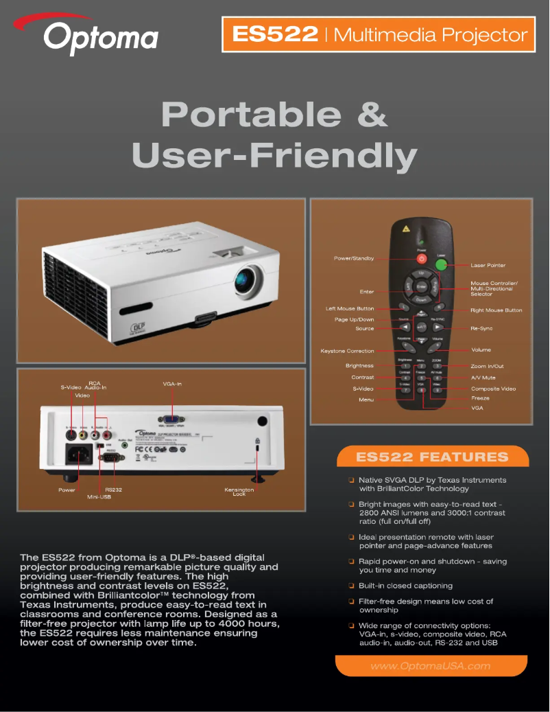 Page 1 de la notice Fiche technique Optoma ES522