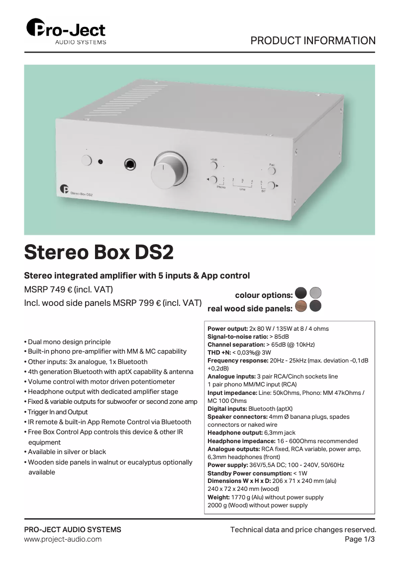 Page 1 de la notice Fiche technique Pro-Ject Stereo Box DS2