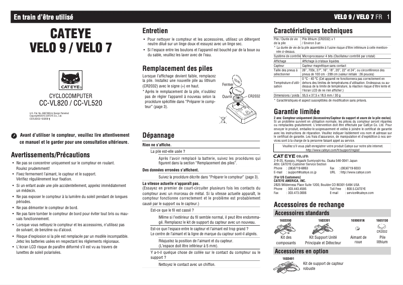 Page 1 de la notice Manuel utilisateur Cateye Velo 7 CC-VL520