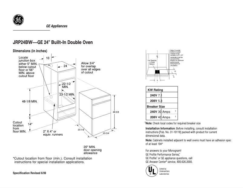 Page n°1 - Fiche technique GE JRP24BWBB