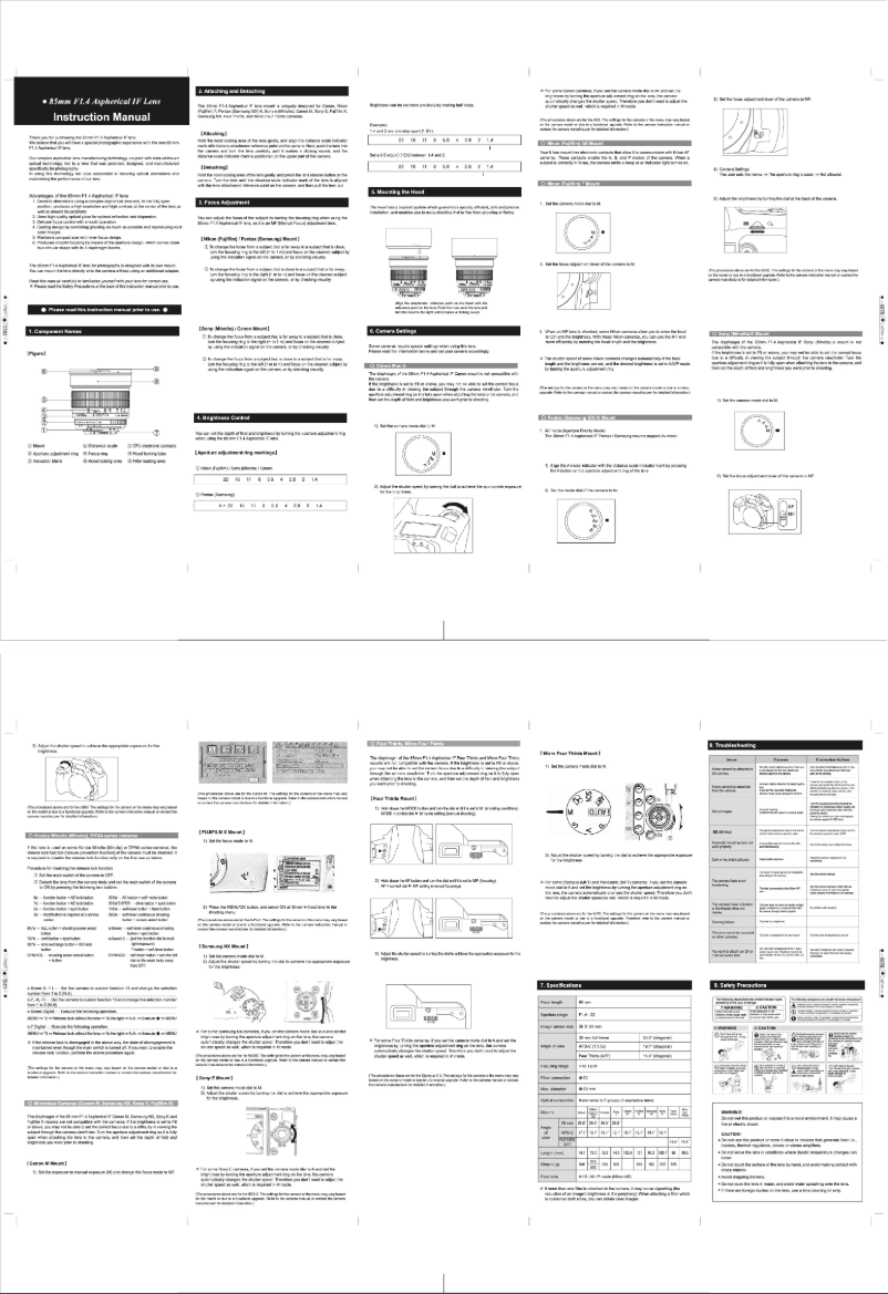 Page n°1 - Manuel utilisateur Rokinon 85M-O