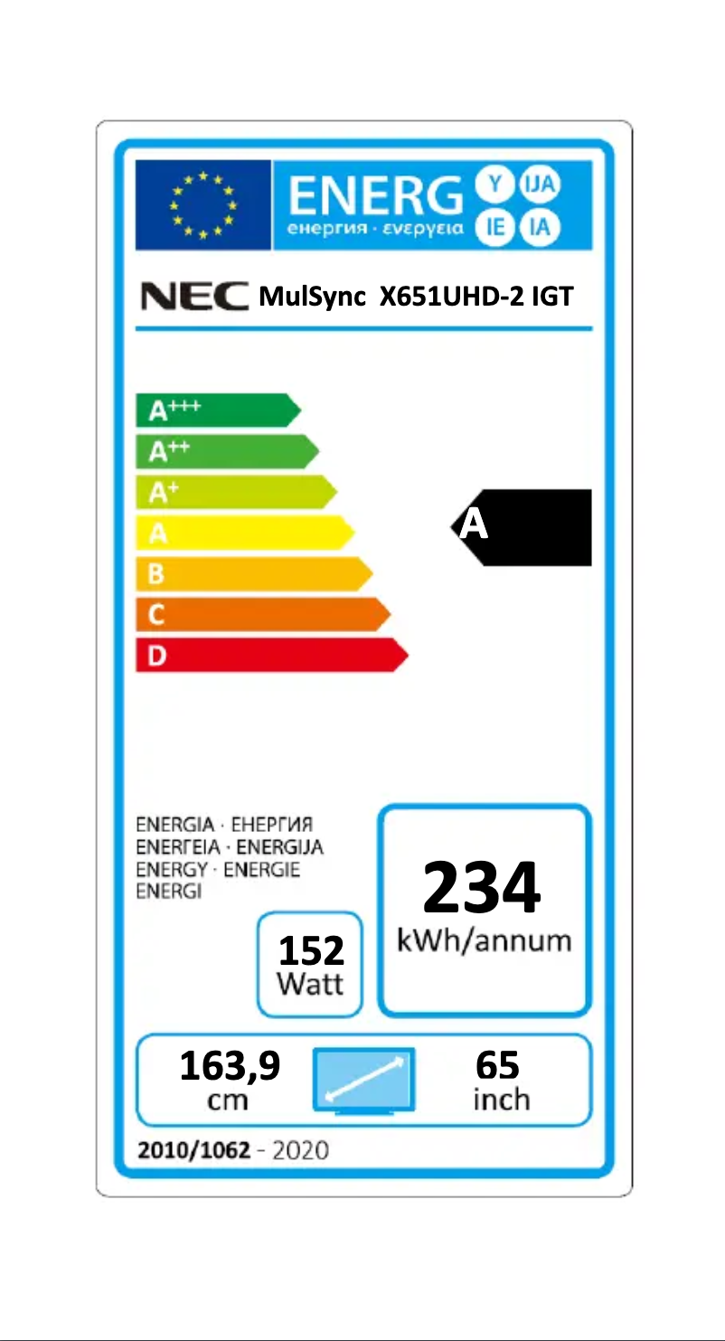 Page 1 de la notice Label énergétique NEC MultiSync X651UHD-2
