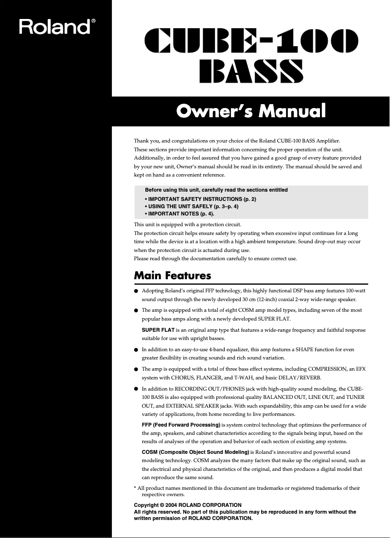 Page 1 de la notice Manuel utilisateur Roland CUBE-100 BASS