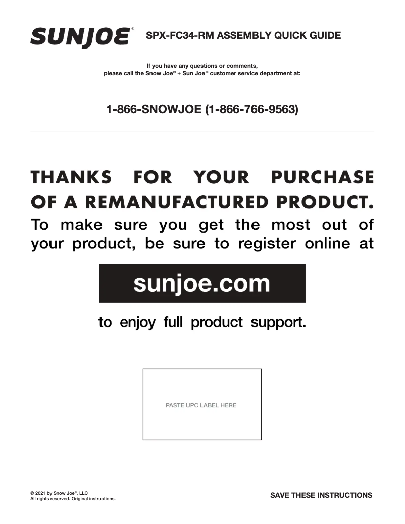 Page n°1 - Manuel utilisateur Sun Joe SPX-FC34-RM