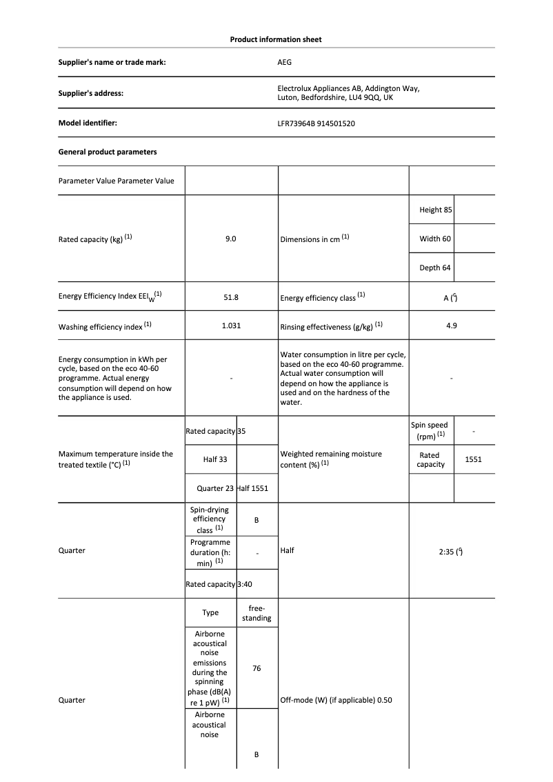Page 1 de la notice Fiche technique AEG LFR73964B