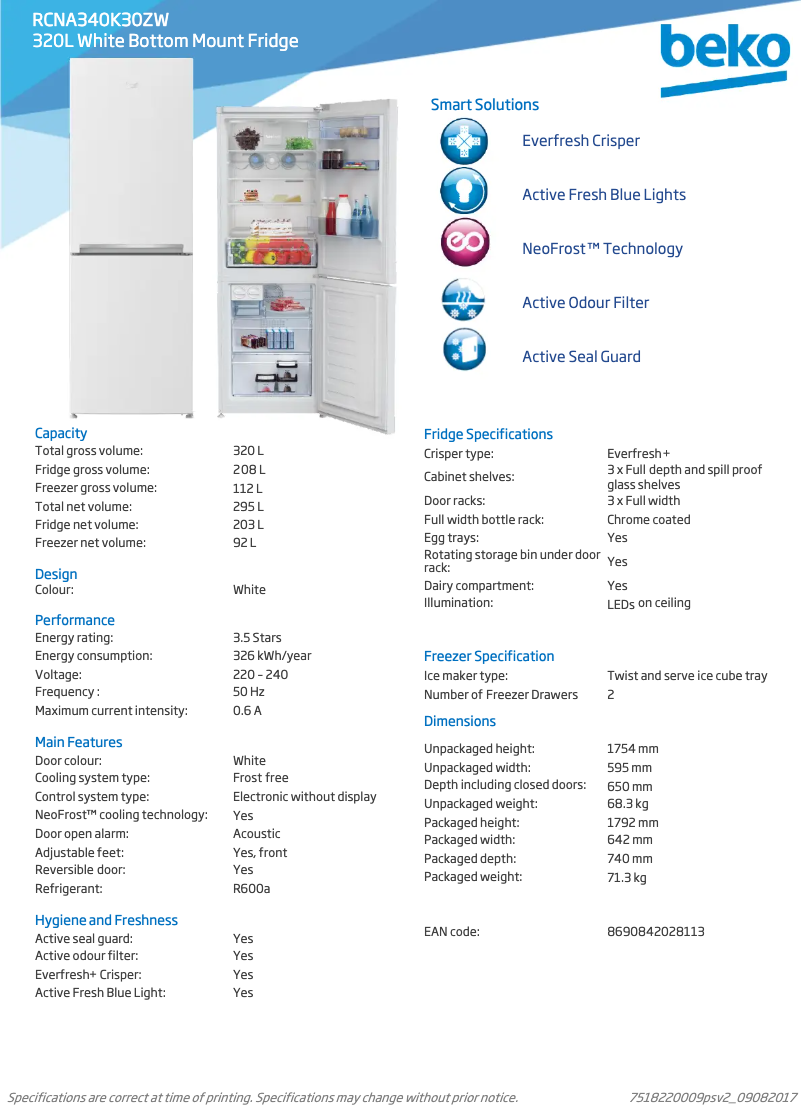 Page 1 de la notice Fiche technique Beko RCNA340K30ZW