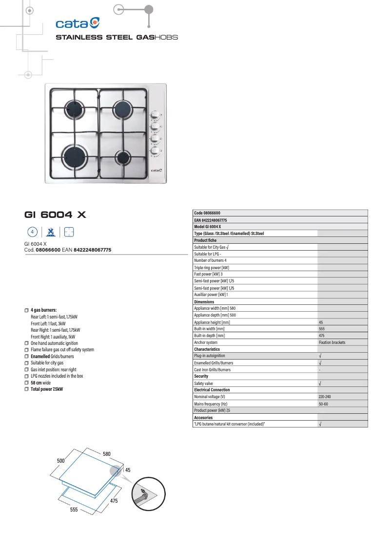 Page 1 de la notice Fiche technique CATA GI 6004 X