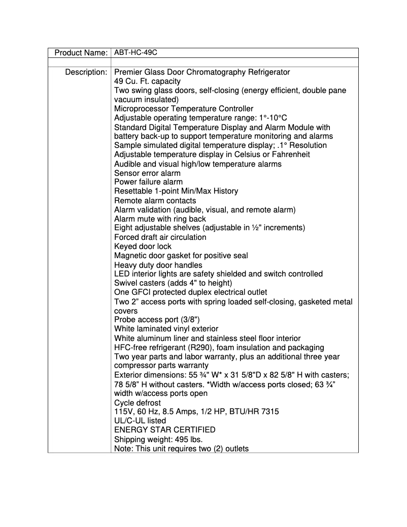 Page 1 de la notice Fiche technique American BioTech Supply ABT-HC-49C