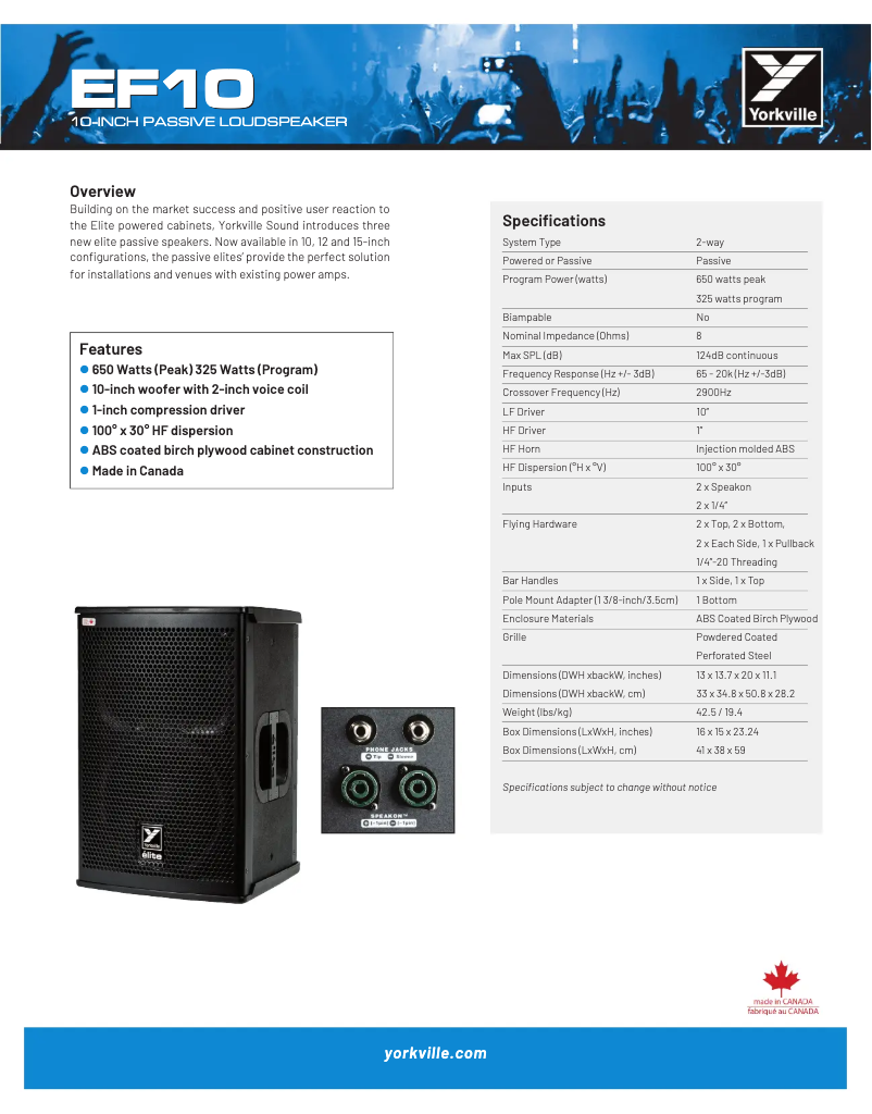 Page 1 de la notice Fiche technique Yorkville Elite EF10