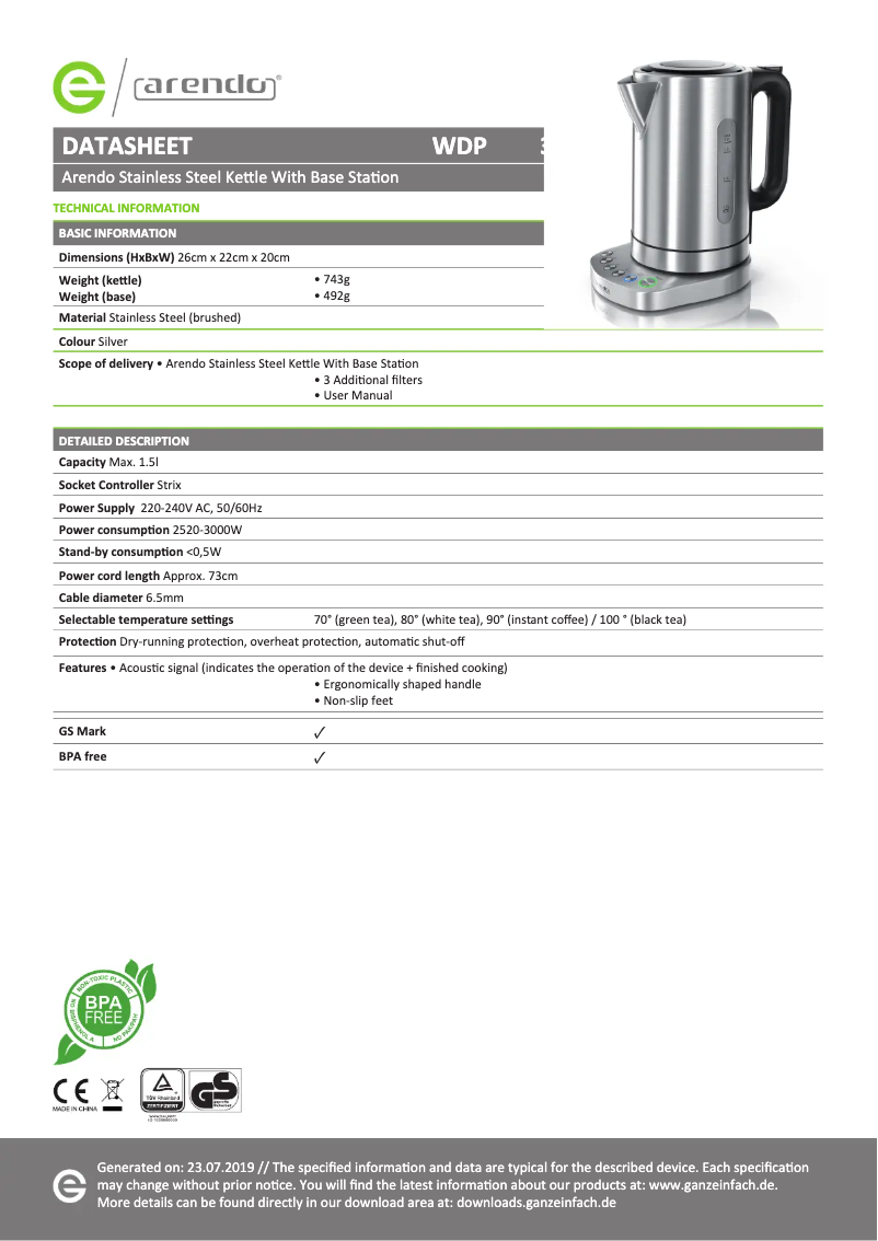 Page 1 de la notice Fiche technique Arendo PRIMEWATER 302549