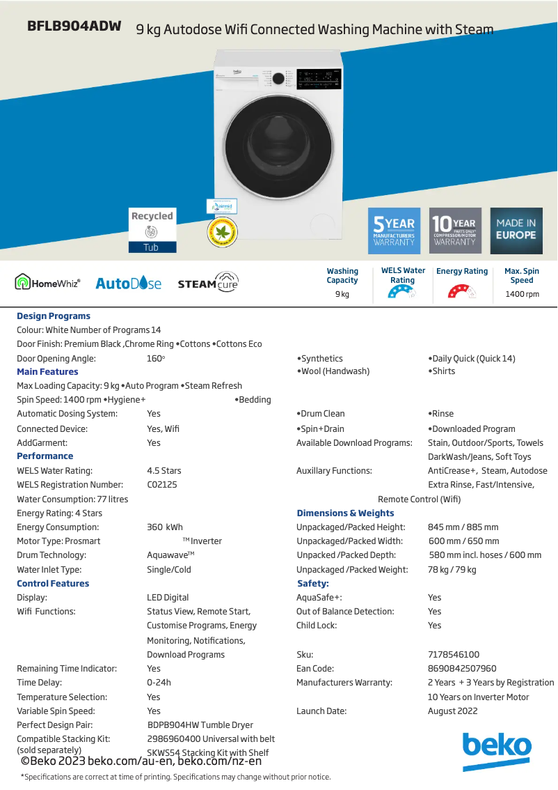 Image de la première page du manuel de l'appareil BFLB904ADW