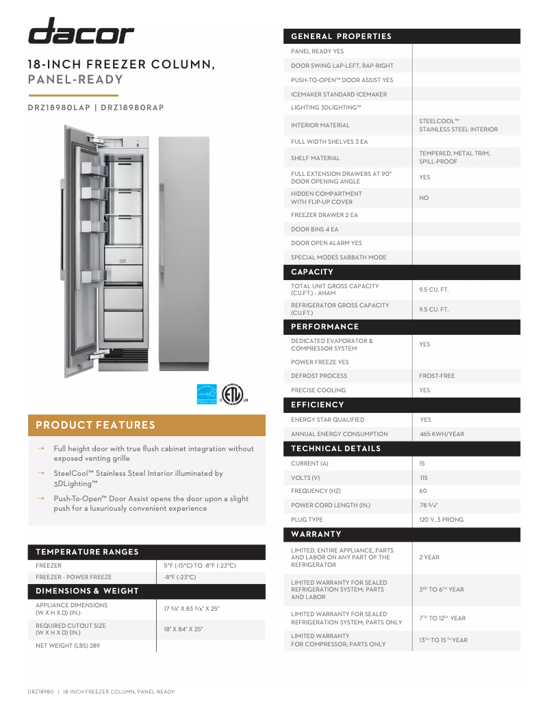 Page 1 de la notice Fiche technique Dacor Modernist DRZ18980LAP