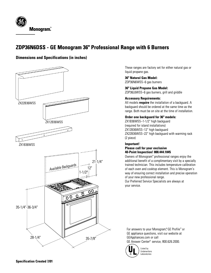 Page 1 de la notice Fiche technique GE ZDP36N6DSS