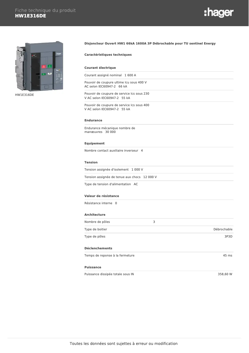 Página 1 del manual Ficha técnica Hager HW1E316DE