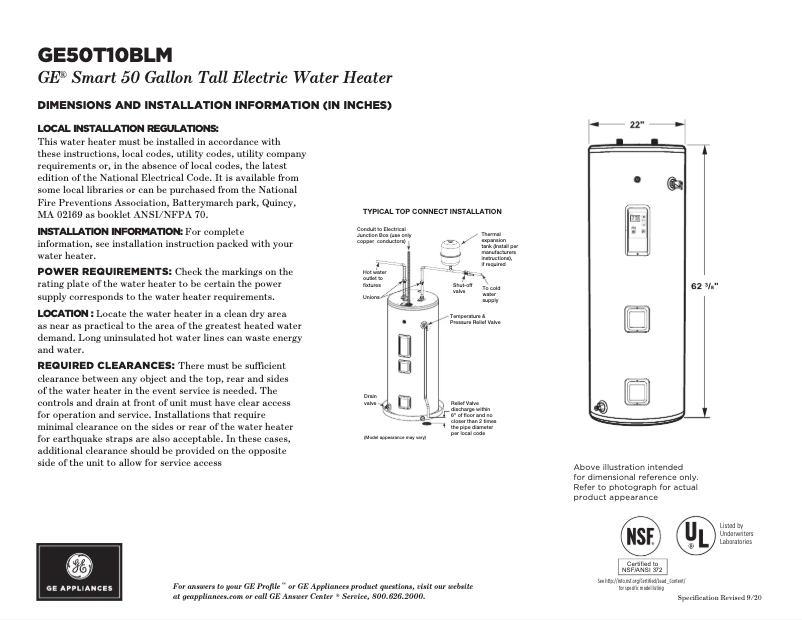 Page 1 de la notice Fiche technique GE GE50T10BLM