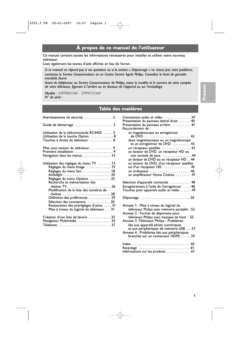 Page 1 de la notice Manuel utilisateur Philips 37PF9731