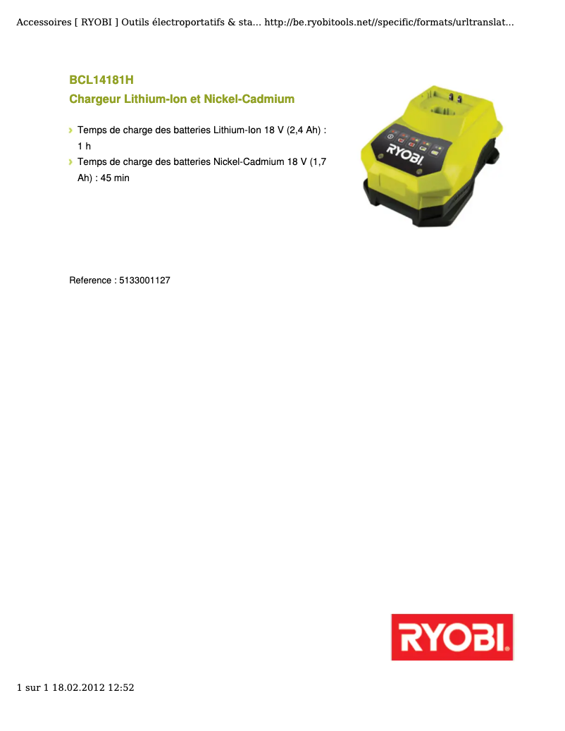Page 1 de la notice Manuel utilisateur RYOBI BCL14181H