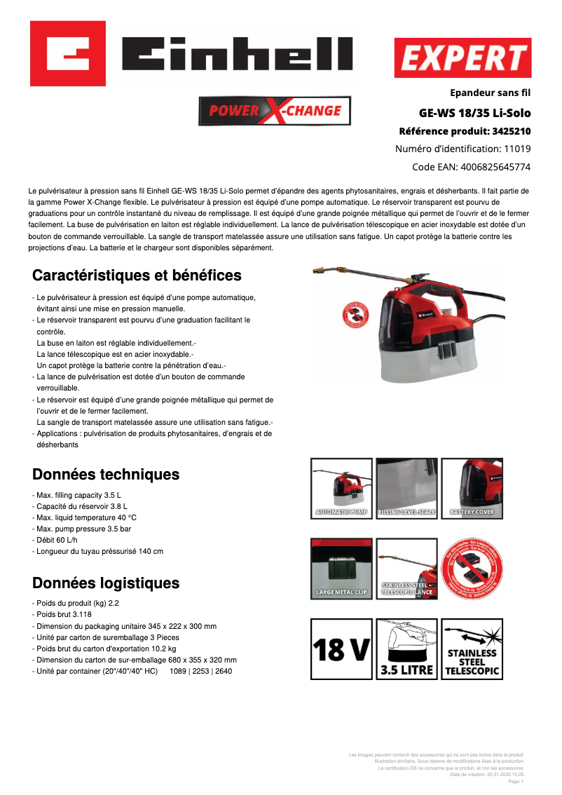 Page n°1 - Fiche technique Einhell GE-WS 18/35 Li-Solo