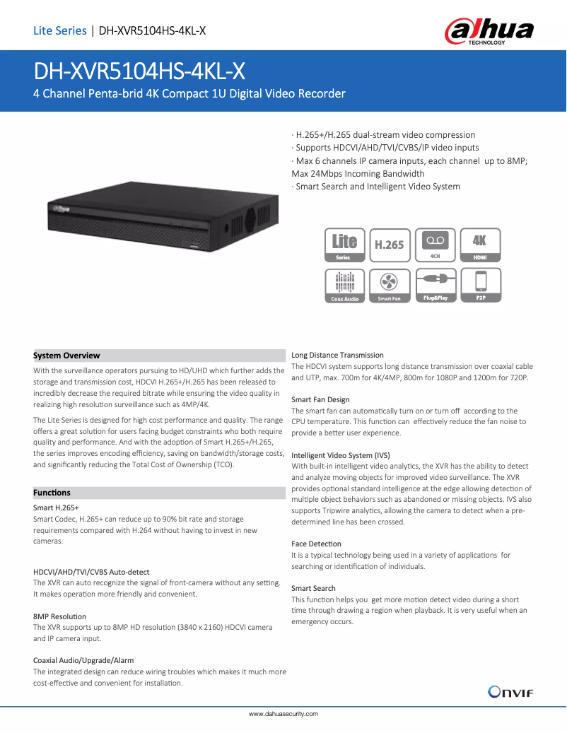 Page 1 de la notice Fiche technique Dahua Technology XVR5104HS-4KL-X