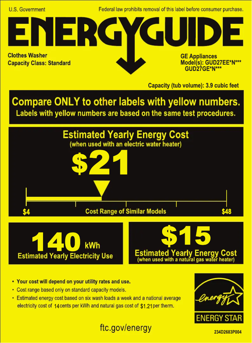 Page 1 de la notice Label énergétique GE GUD27SNWW
