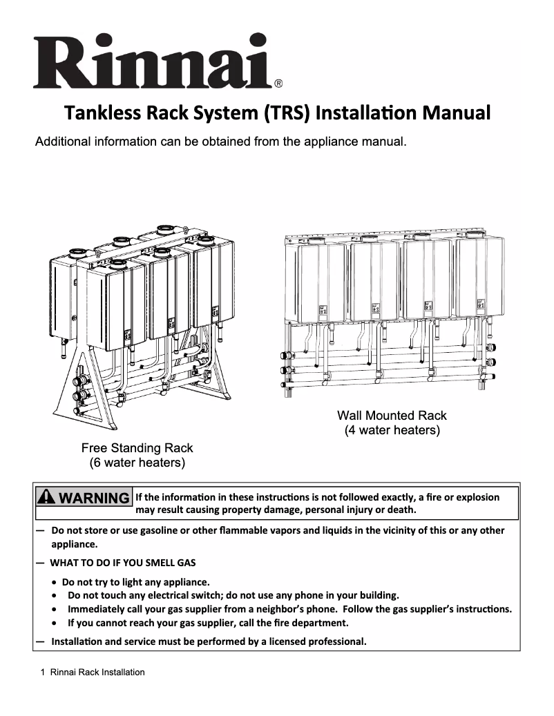 Page n°1 - Guide d'installation Rinnai Tankless Rack System TRW03IP
