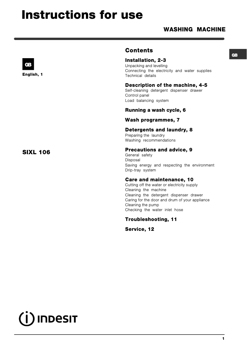 Page n°1 - Manuel utilisateur Indesit SIXL 106 (AUS)