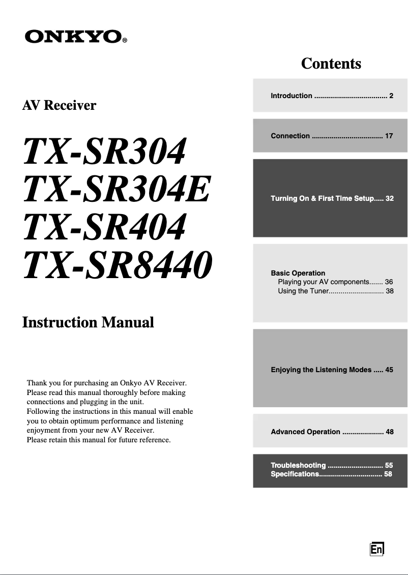 Page 1 de la notice Manuel utilisateur Onkyo TX-SR404