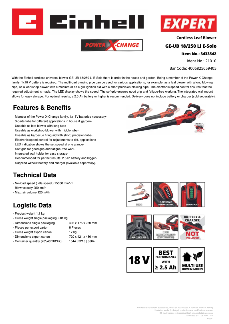 Page 1 de la notice Fiche technique Einhell GE-UB 18/250 Li E