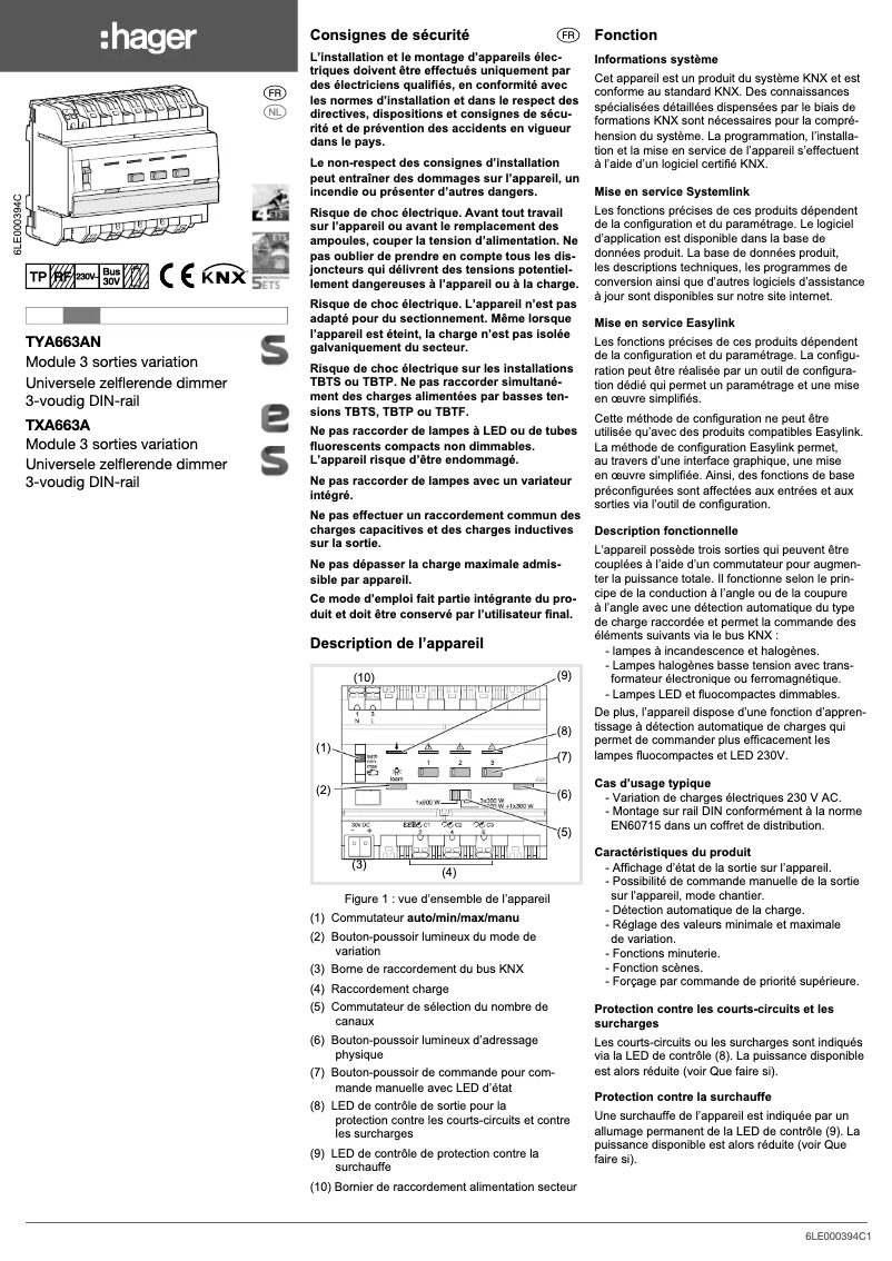 Page 1 de la notice Manuel utilisateur Hager TYA663AN