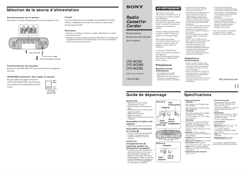 Page 1 de la notice Manuel utilisateur Sony CFS-W338L