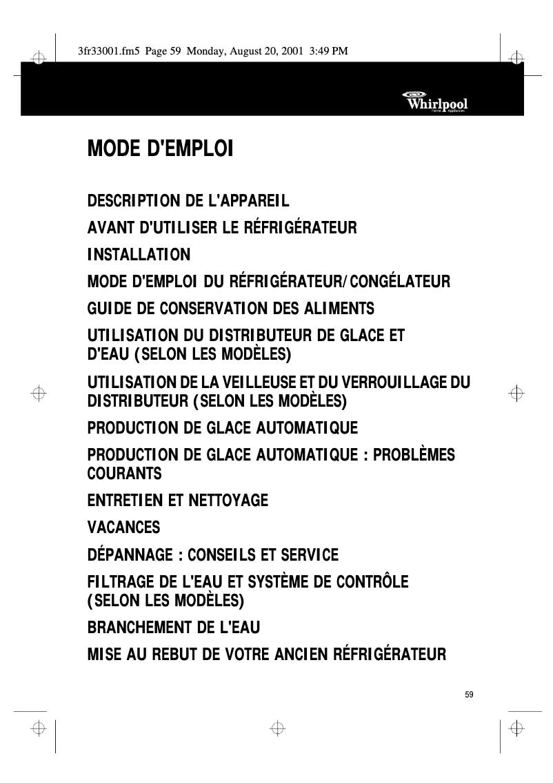 Page 1 de la notice Manuel utilisateur Whirlpool ART 686 IX