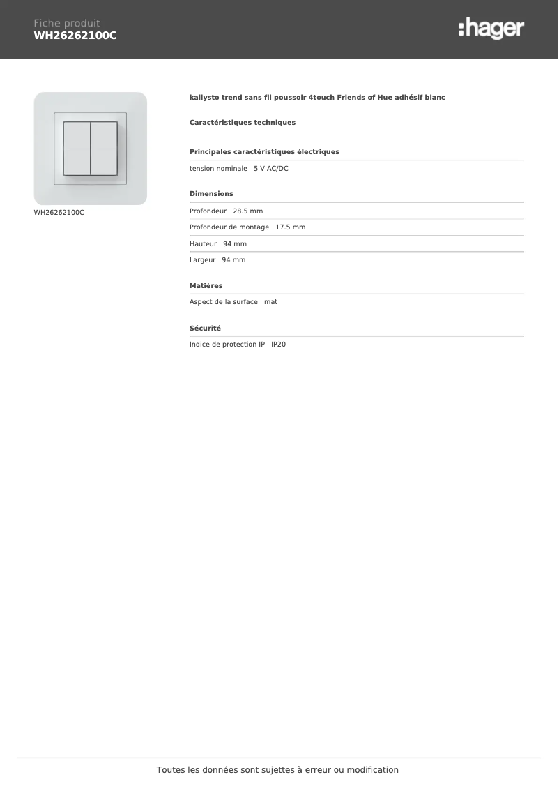 Page n°1 - Fiche technique Hager WH26262100C