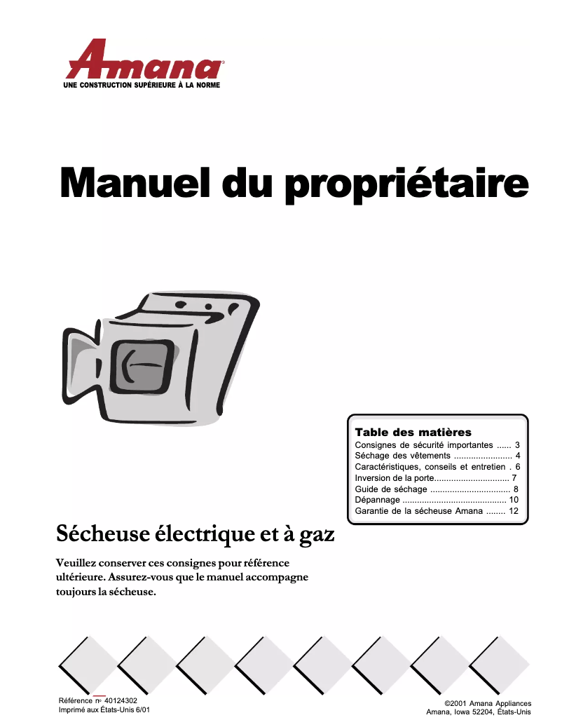 Page 1 de la notice Manuel utilisateur Amana ALG956EAC