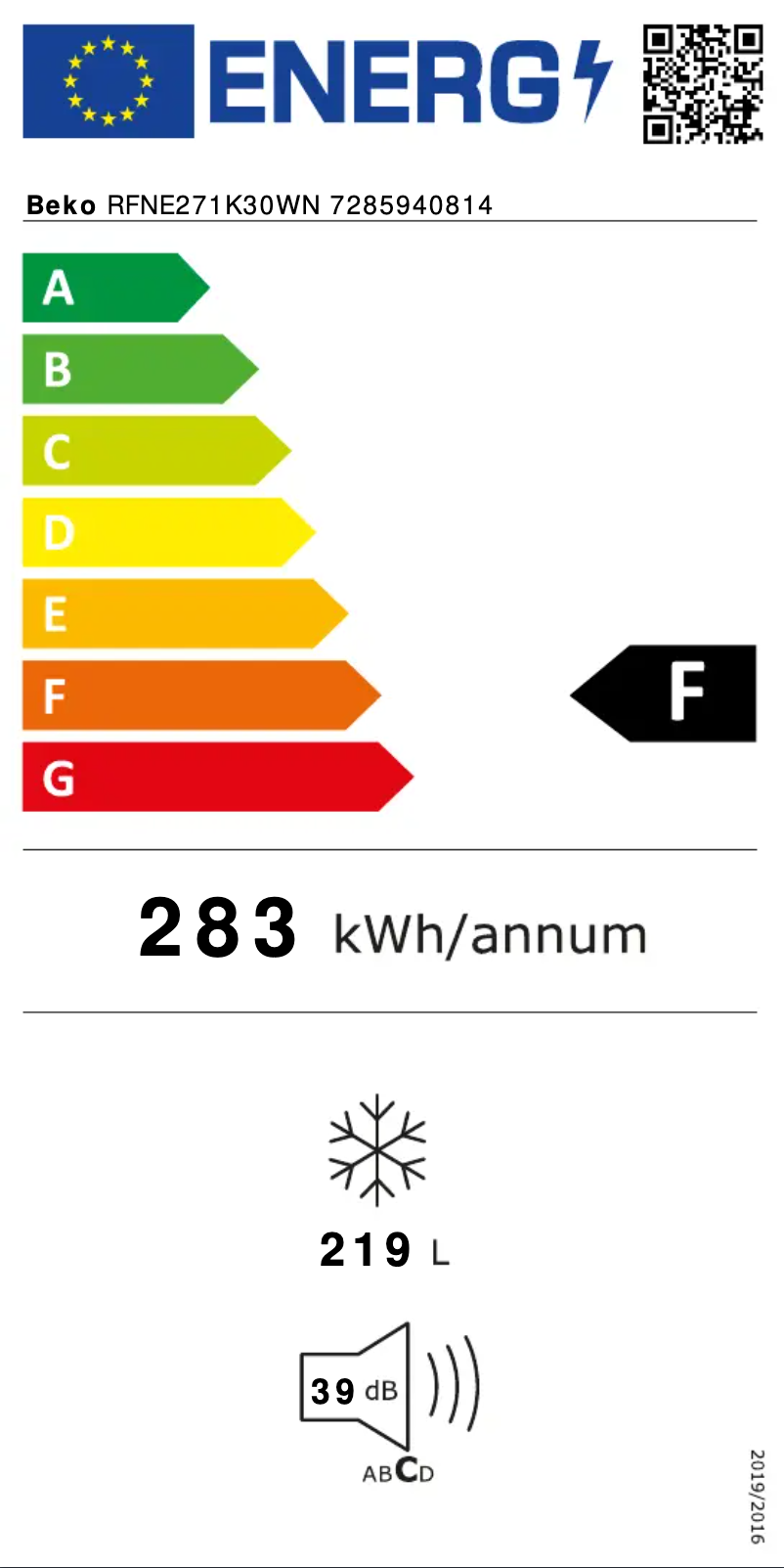 Page n°1 - Label énergétique Beko RFNE271K30WN