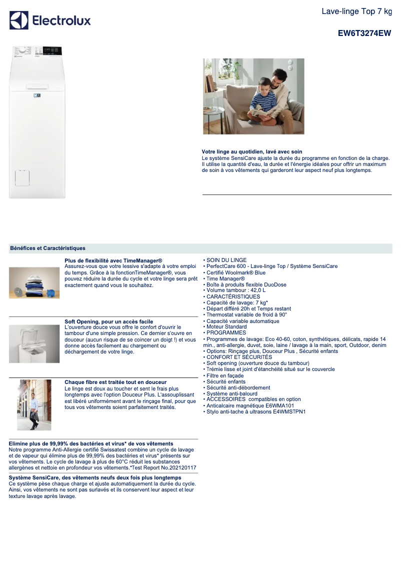 Page 1 de la notice Fiche technique Electrolux EW6T3274EW