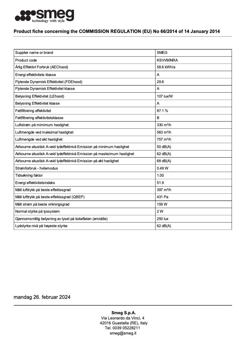 Page n°1 - Fiche technique Smeg KSVV90NRA