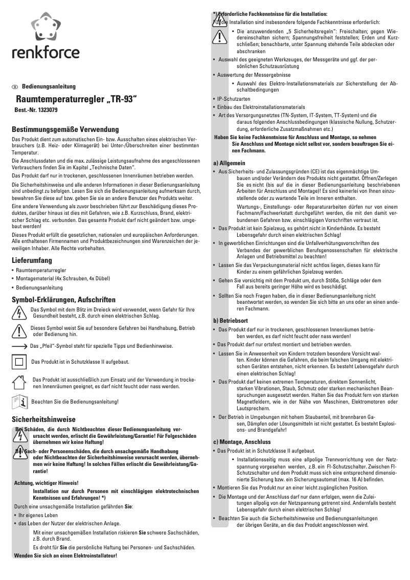 Page 1 de la notice Manuel utilisateur Renkforce TR-93