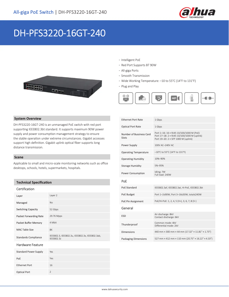 Page 1 de la notice Fiche technique Dahua Technology PFS3220-16GT-240