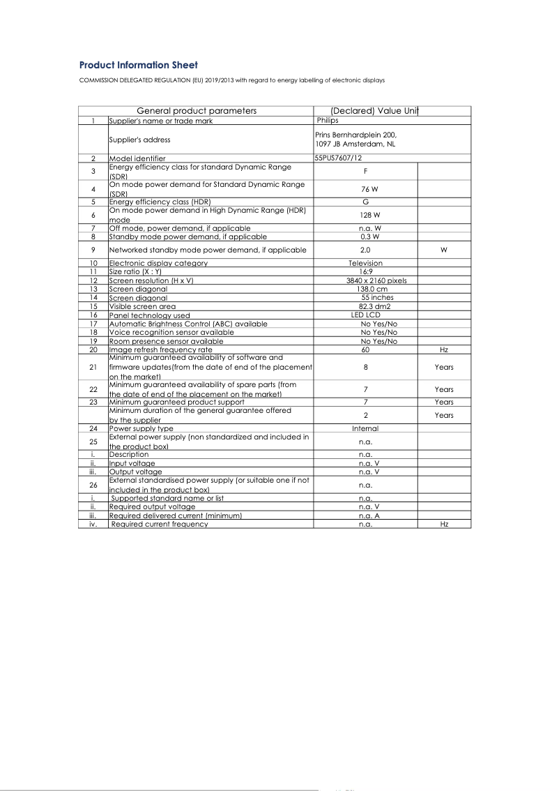 Page 1 of the manual Technical Sheet Philips 55PUS7607