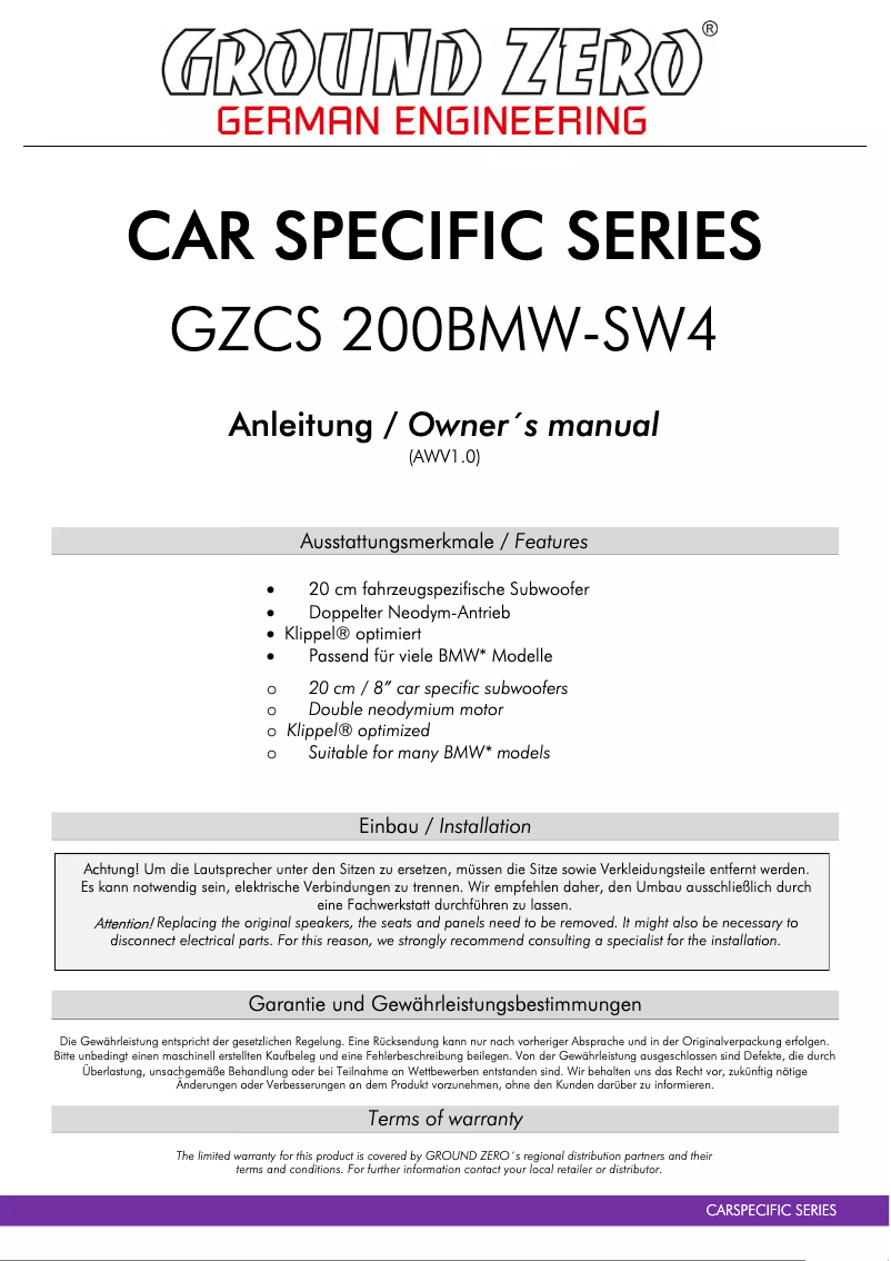 Image de la première page du manuel de l'appareil GZCS 200BMW-SW4