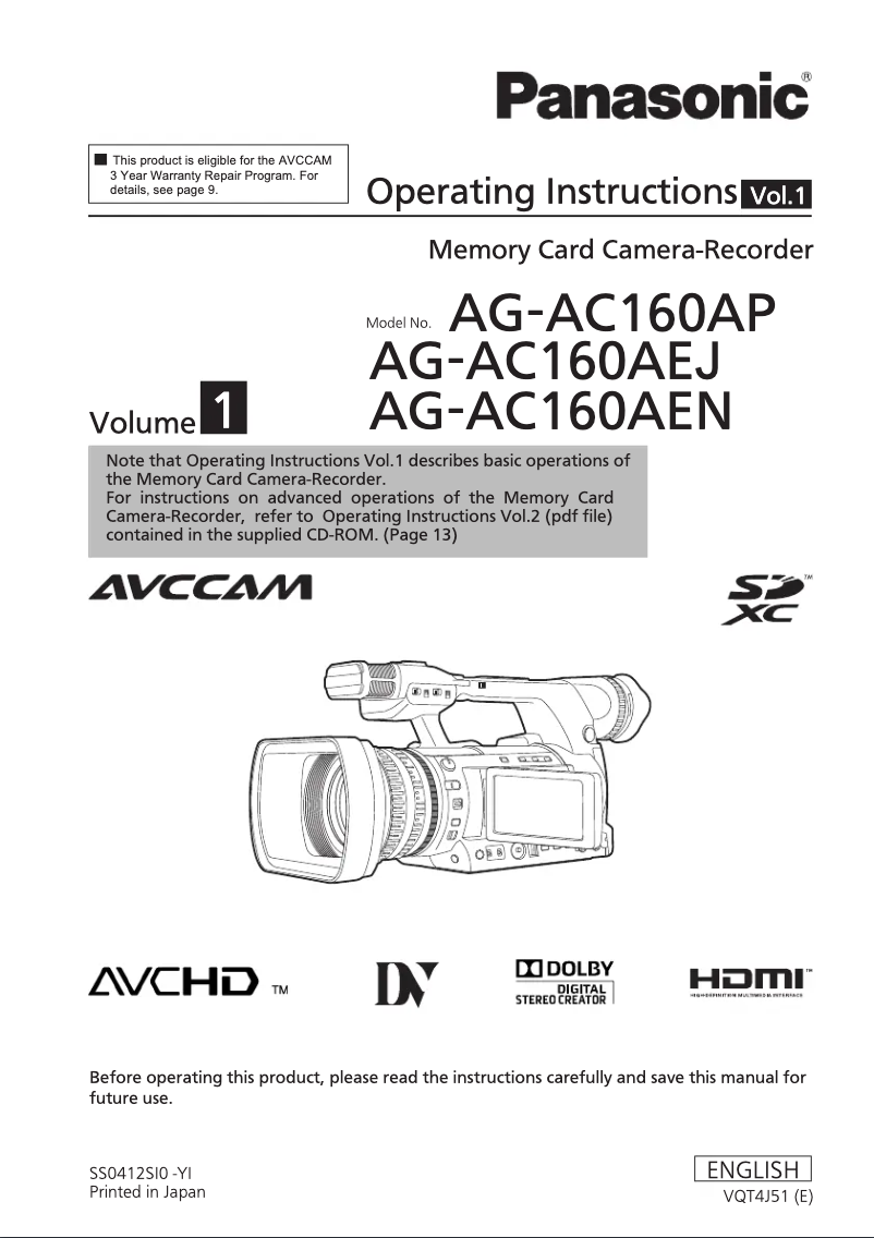 Page 1 de la notice Manuel utilisateur Panasonic AG-AC160AP