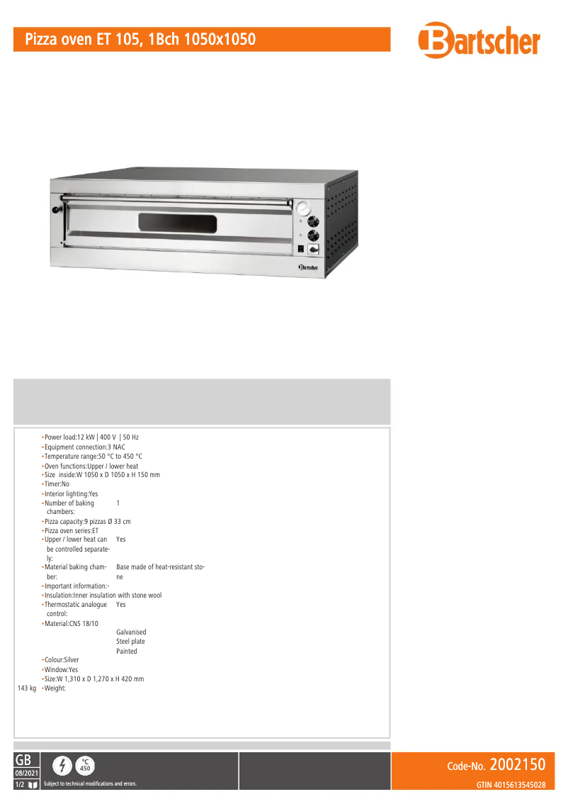 Página 1 del manual Ficha técnica Bartscher ET 105