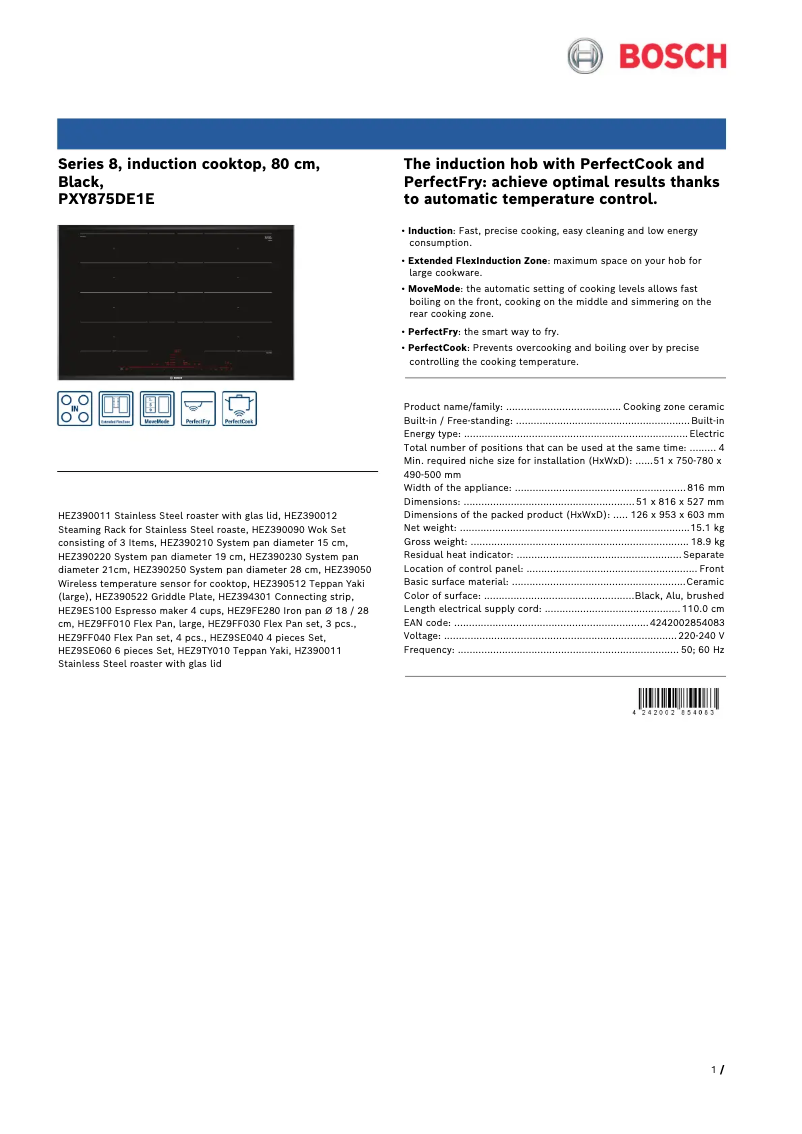 Page 1 de la notice Fiche technique Bosch PXY875DE1E