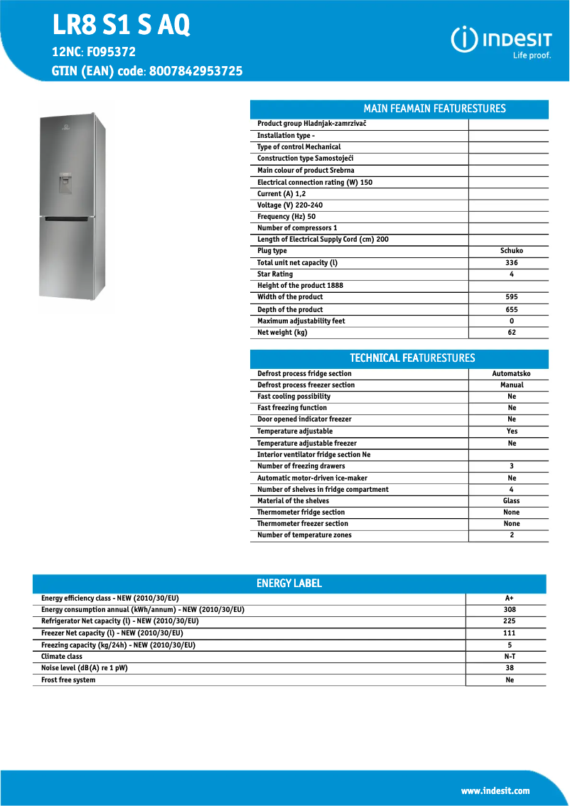 Page n°1 - Fiche technique Indesit LR8 S1 S AQ