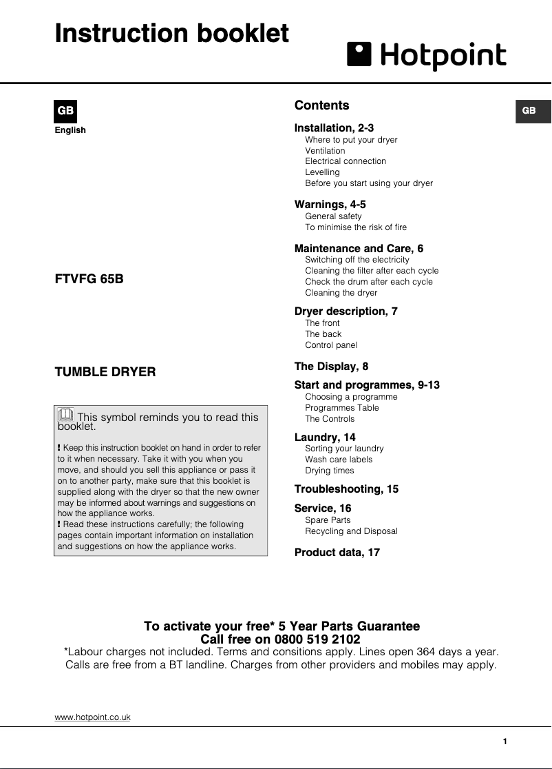 Page n°1 - Manuel utilisateur Hotpoint FTVFG 65B GG (UK)