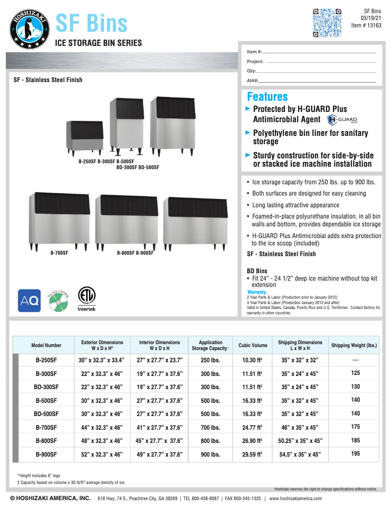 Page 1 de la notice Fiche technique Hoshizaki B-500SF