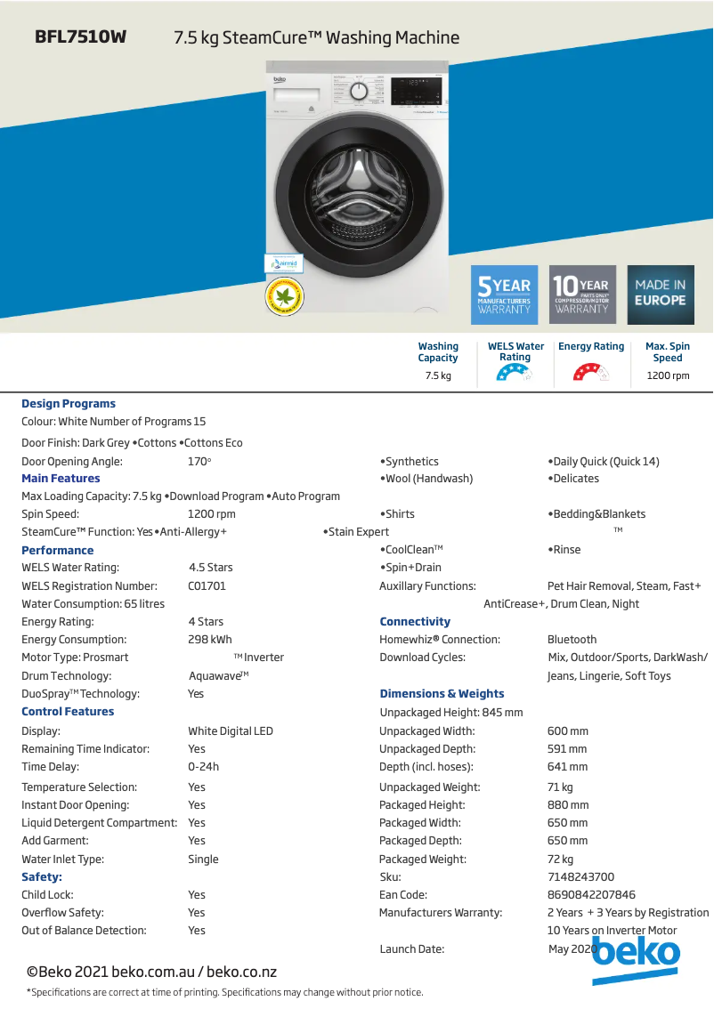 Image de la première page du manuel de l'appareil BFL7510W