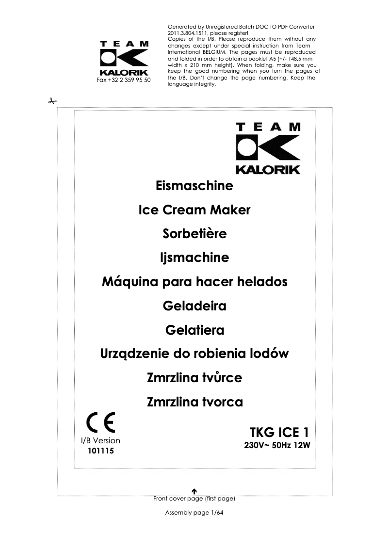Page n°1 - Manuel utilisateur Kalorik TKG ICE 1